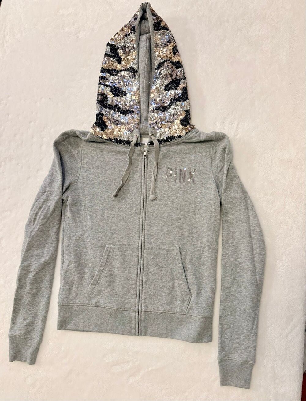 PINK Victoria’s Secret Gray Sequin Zebra Hood Zip-Up Hoodie XS - Y2K - Picture 3 of 10